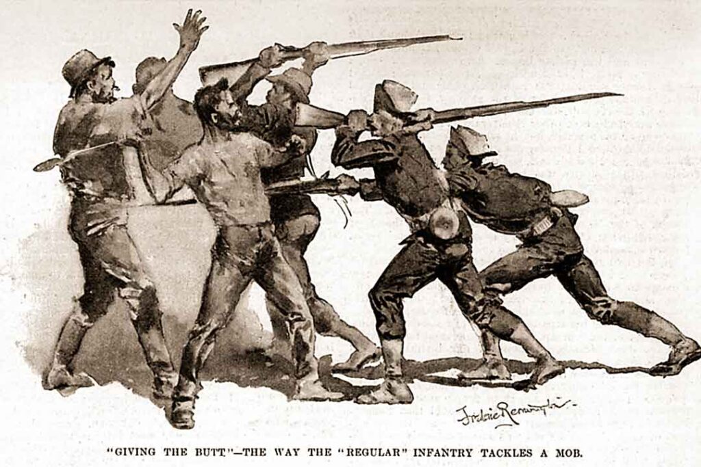 Army troops intervene in the Pullman Strike in Chicago, Illinois, to enforce a court injunction forbidding the American Railway Union from interfering with interstate commerce and delivery of mail. Federal troops withdraw on 20 July.