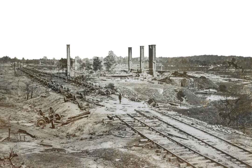 Major General William Tecumseh Sherman leads his XX Corps into Atlanta, Georgia. Confederates destroy the railroad rolling stock and ordnance stores; the ensuing explosions and fires raze much of Atlanta, helped along by Union troops.