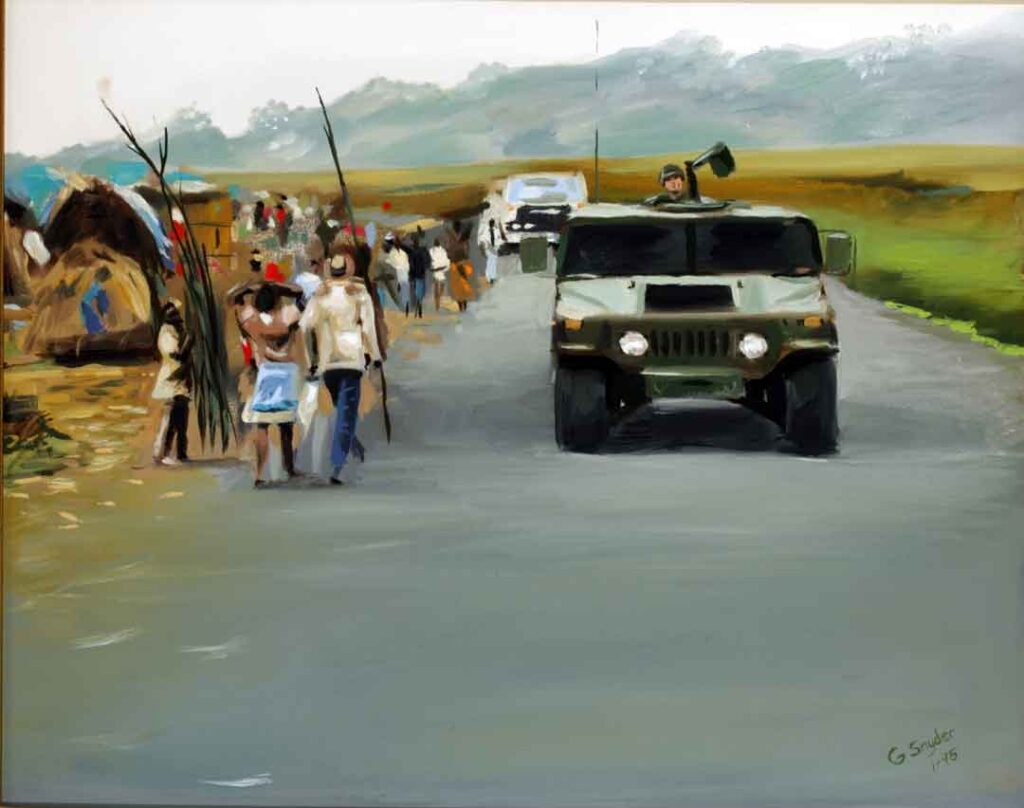 Soldiers drive a Humvee during a deployment to Rwanda in Snyder’s 1995 oil on canvas, Rwanda Patrol. (Army Museum Enterprise Art Collection)