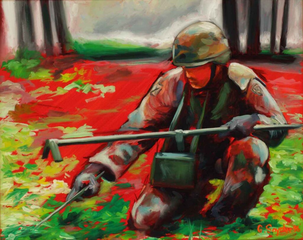 A soldier looks for mines during a deployment to the Balkans in Snyder’s 1996 oil on canvas, Probing for Landmines – Bosnia. (Army Museum Enterprise Art Collection)