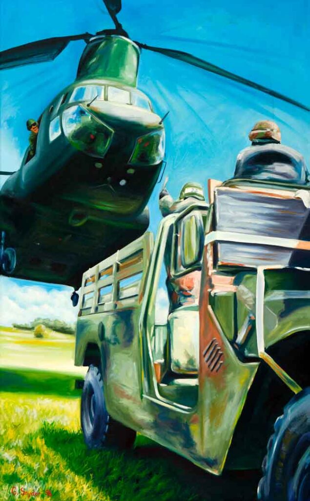 Soldiers slingload a Humvee to a CH-47 Chinook helicopter at the Air Assault School, Fort Campbell Kentucky, in Snyder’s 1997 oil on canvas, Mighty Mighty Fine Slingload. (Army Museum Enterprise Art Collection)