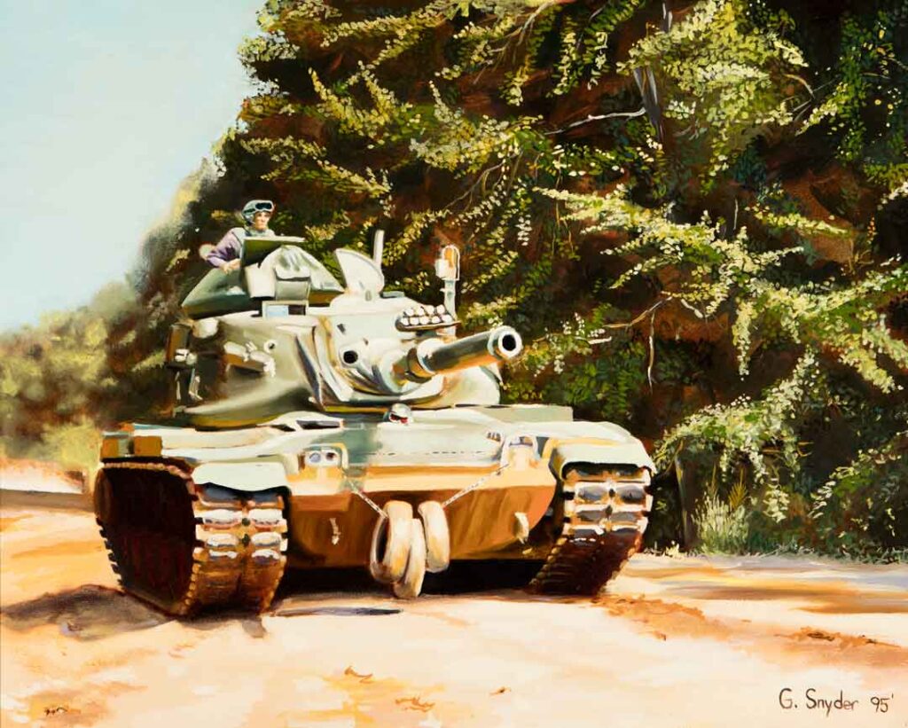 In Snyder’s 1995 oil on canvas, OPFOR on the Move, soldiers drive an M60A1 tank on maneuvers at Hohenfels, Germany. (Army Museum Enterprise Art Collection)