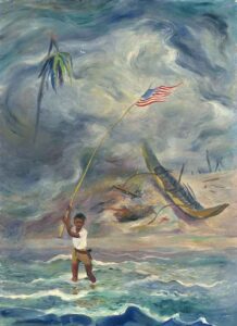 In James Turnbull’s 1945 oil on canvas, Spirit of 1945, a Filipino guerrilla waves an American flag along Lingayen Gulf to signal that the Japanese had retreated and American forces would be able to land without resistance. Volckmann later wrote that “This was probably one of the greatest single acts of heroism of the whole operation.” (Courtesy of Navy Art Collection, Naval History and Heritage Command)