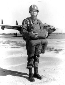 In 1956, Colonel Volckmann became one of the oldest men to complete parachute jump training, becoming qualified at the age of forty-five in 1956. (Courtesy of the U.S. Army Special Operations Command History Office)