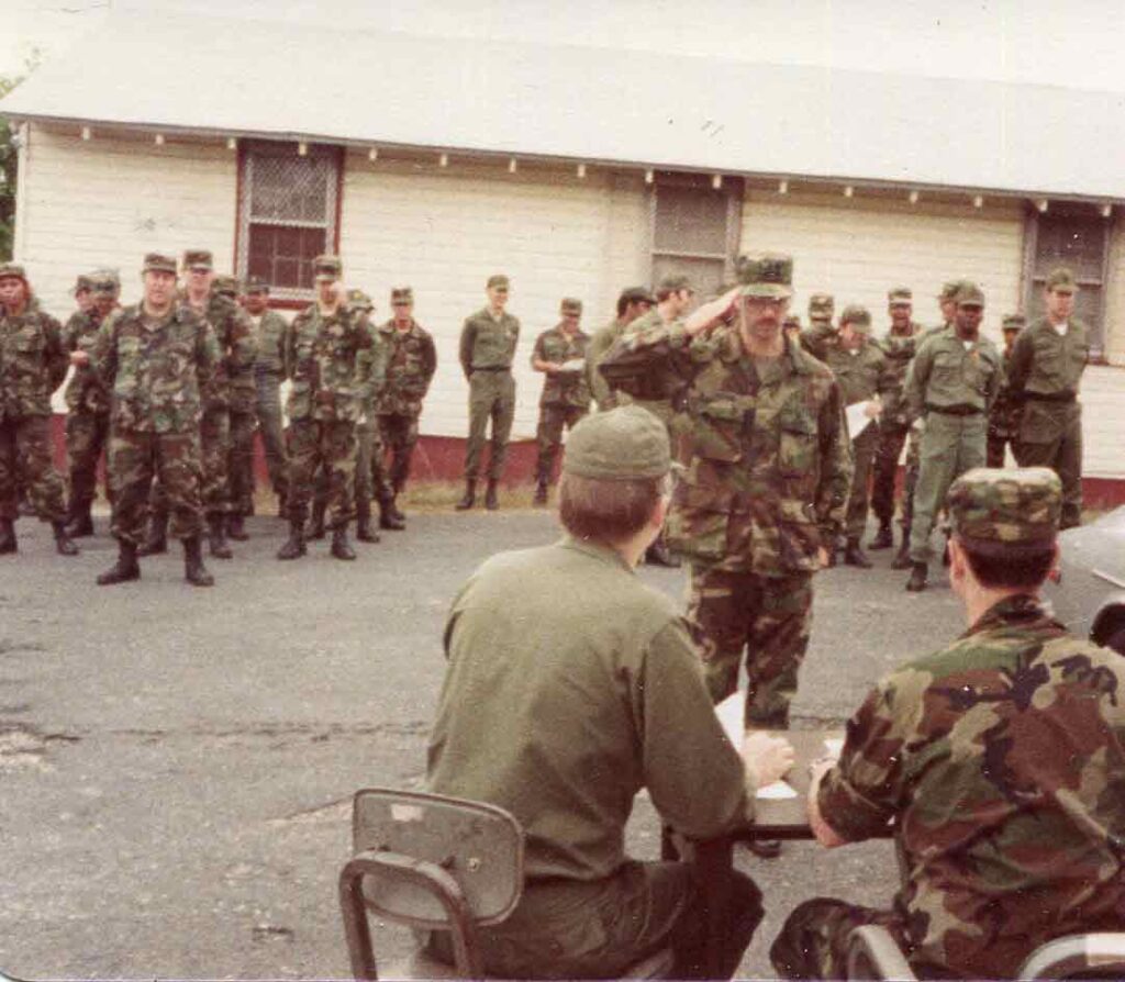 Soldiers line up for pay formation following the 5th’s 1983 annual training at Fort Meade.