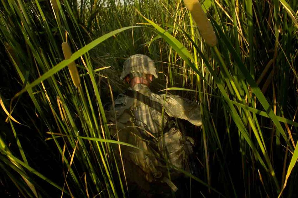 5-73 CAV troopers search through tall grass along a canal in Diyala Province in November 2006 and discover a well-camouflaged insurgent bongo truck. (Michael Clemens; Mike Few)