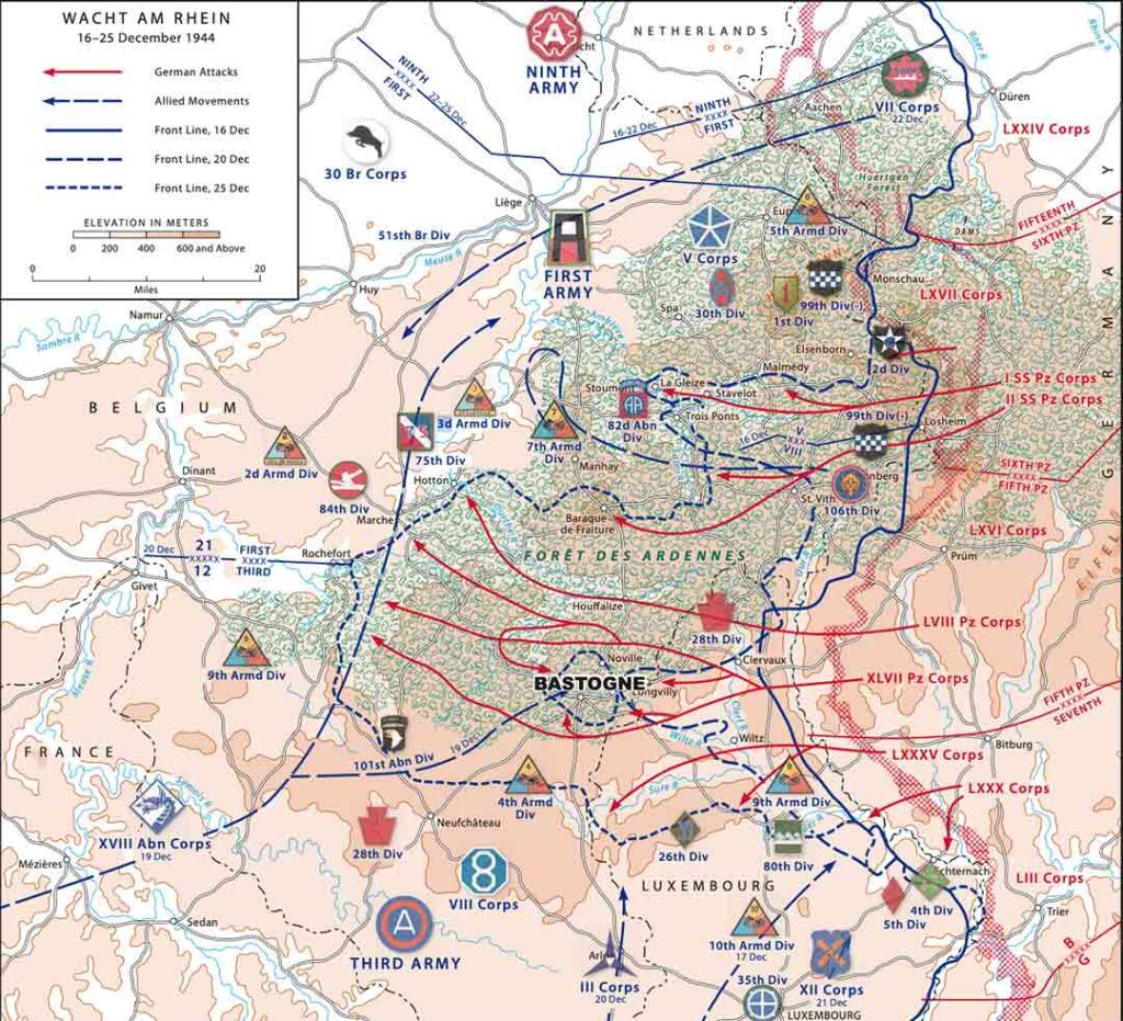 
This map shows the German counteroffensive in the Ardennes and the position of the 82d Airborne Division along the northern shoulder of the bulge created in the American lines. (U.S. Army Center of Military History)