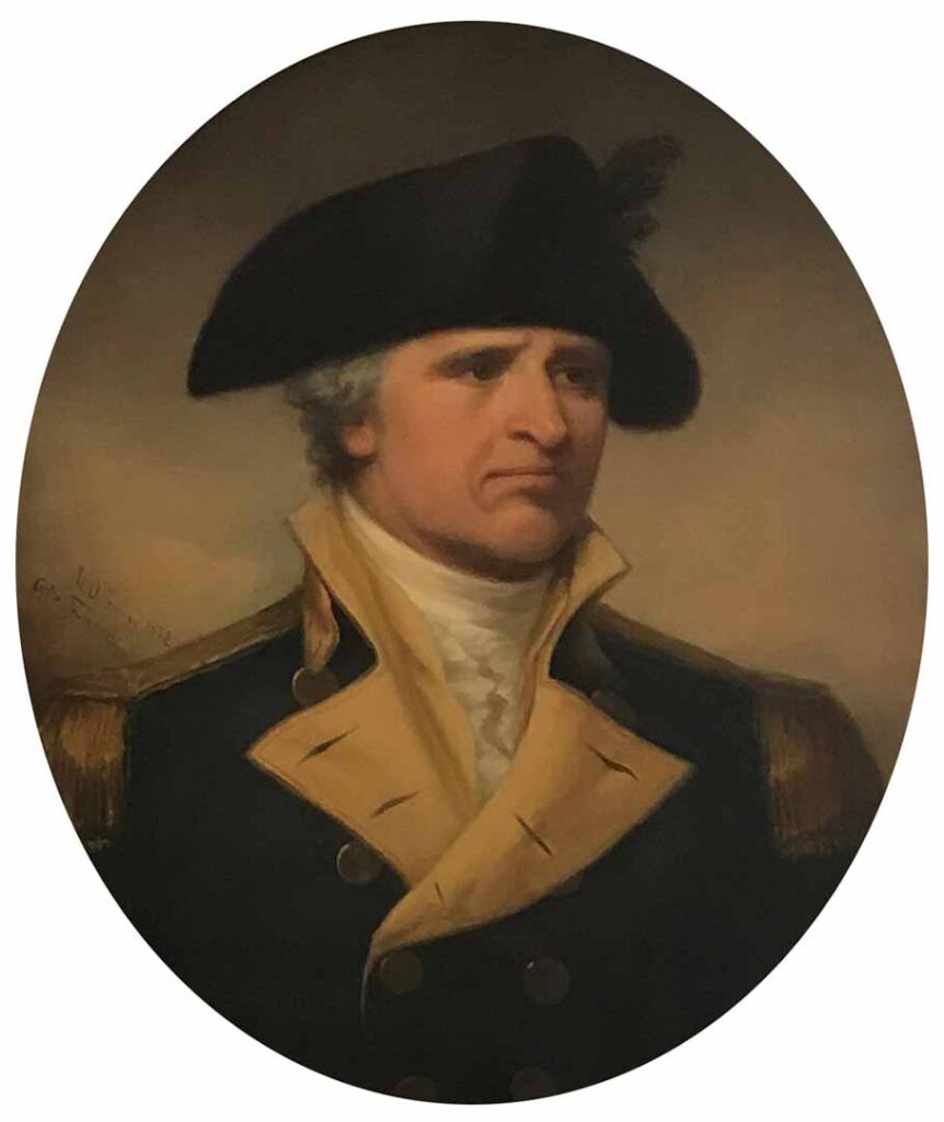Oval portrait of John Stark in a black tricorn hat and dark blue jacket with gold facings. He is also wearing a white ruffled shirt.