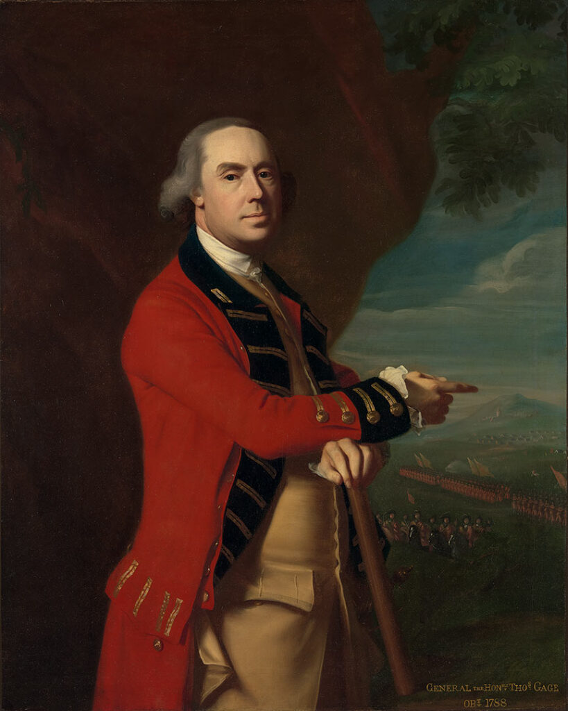 Lieutenant General Thomas Gage, commander of British forces in North America, also served as the royal governor of Massachusetts at the time of the Battles of Lexington and Concord in April 1775. (General Thomas Gage, by John Singleton Copley, Mellon Collection, Yale Center for British Art)